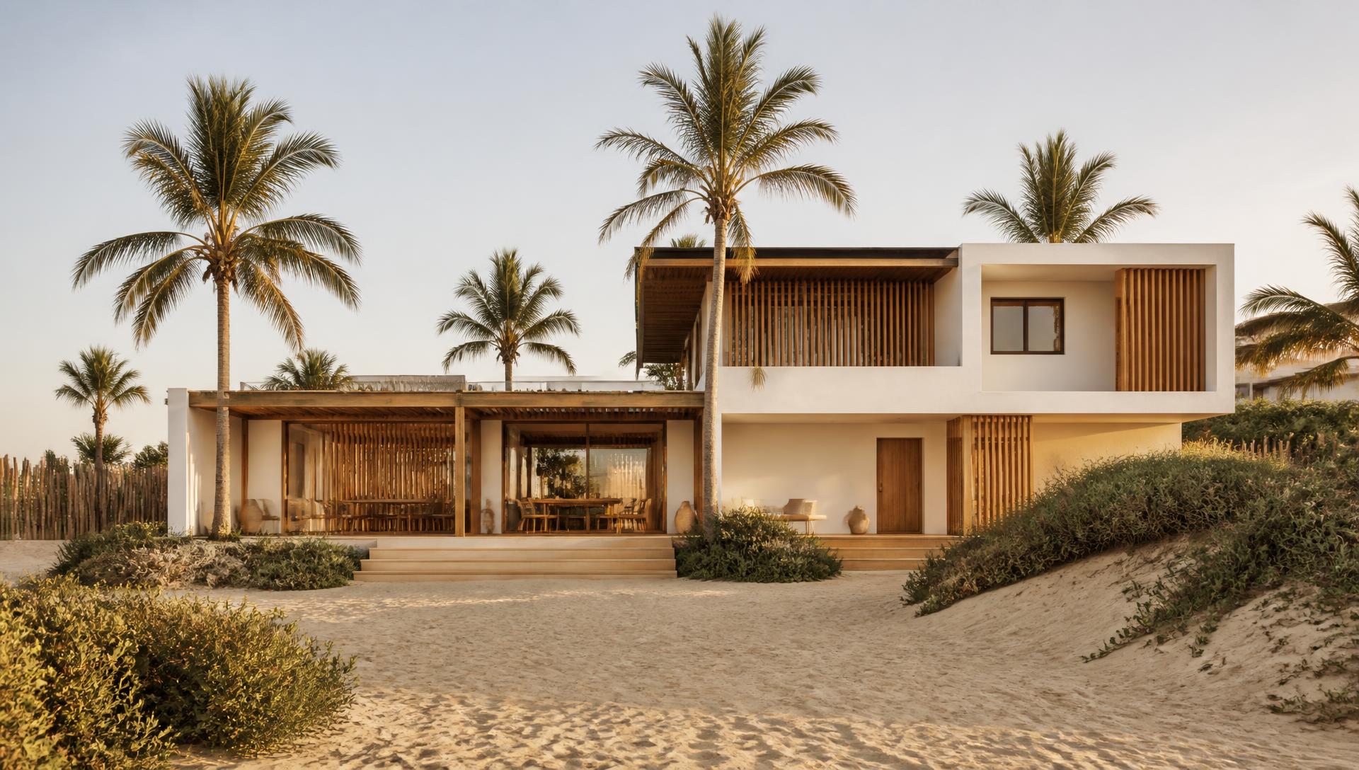 Fachada da Casa Doca ao entardecer, entre coqueiros e dunas